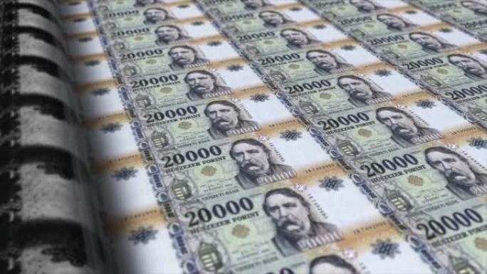 匈牙利福林 (HUF) 印刷机打印出当前20000福林钞票，无缝循环，匈牙利货币背景，4K，聚焦深度
