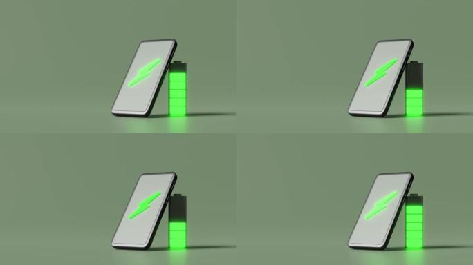 带有智能手机或手机充电的3d动画，电池充电指示灯隔离在绿色背景上。充电电池技术概念