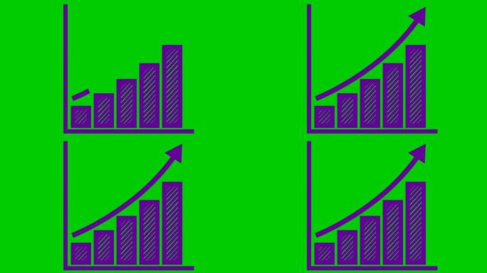 带有趋势线图的动画财务增长图。紫罗兰符号经济增长条形图。循环视频。矢量插图孤立在绿色背景上。