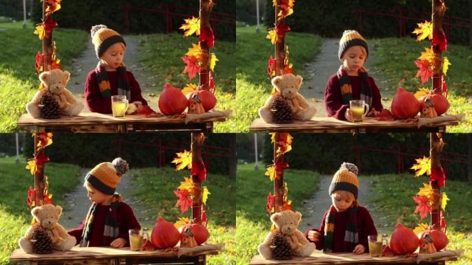 可爱的金发蹒跚学步的孩子，站在公园里有装饰、苹果、树叶、马克杯、树篱的秋天木架旁边