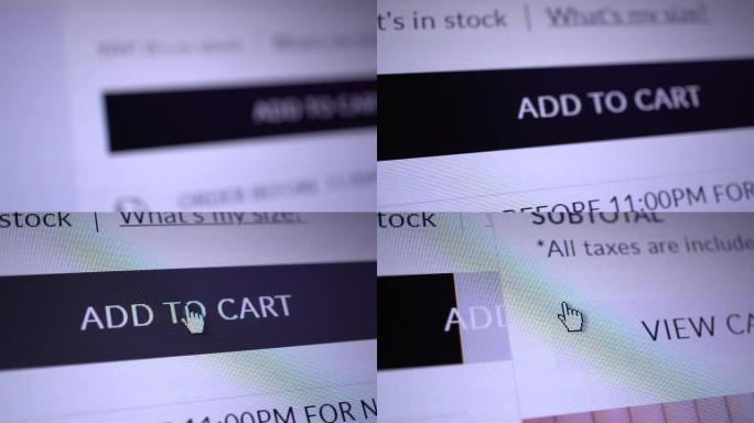 鼠标光标点击 “添加到购物车” 按钮。设计用户界面的宏拍摄特写，模型。显示器或小工具的屏幕显示用于在