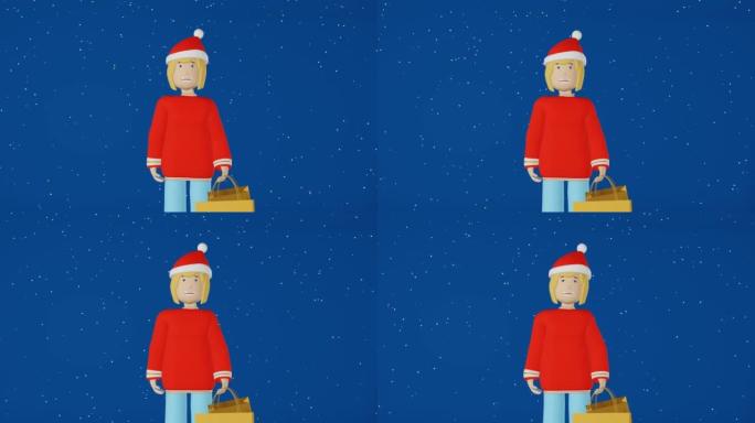 3d角色女孩圣诞礼物购物袋循环动画4k雪蓝背景。购物中心的女性买家智能手机。时装店价格折扣广告促销横