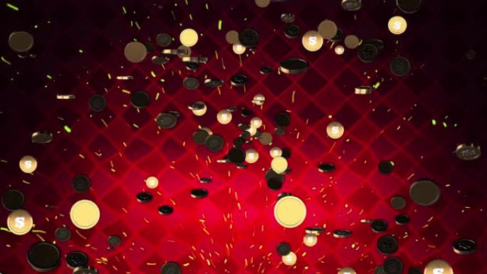 3D爆炸动画飞舞金币与美元符号在红色纹理背景上闪闪发光。头奖独家动画