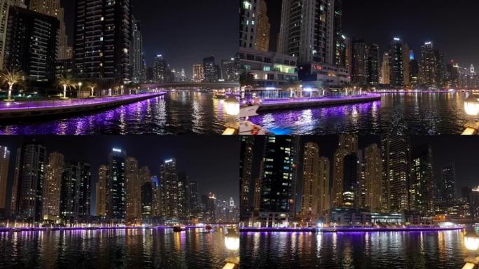 延时，延时，延时。迪拜码头4k夜行是阿拉伯联合酋长国迪拜的一个地区。阿拉伯联合酋长国迪拜码头港。旅游