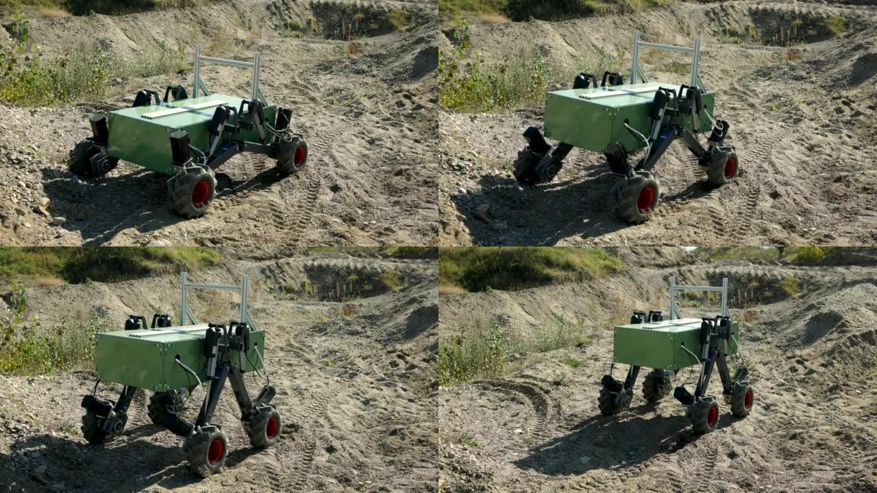 军用拆弹机器人原型在崎岖地形上的测试