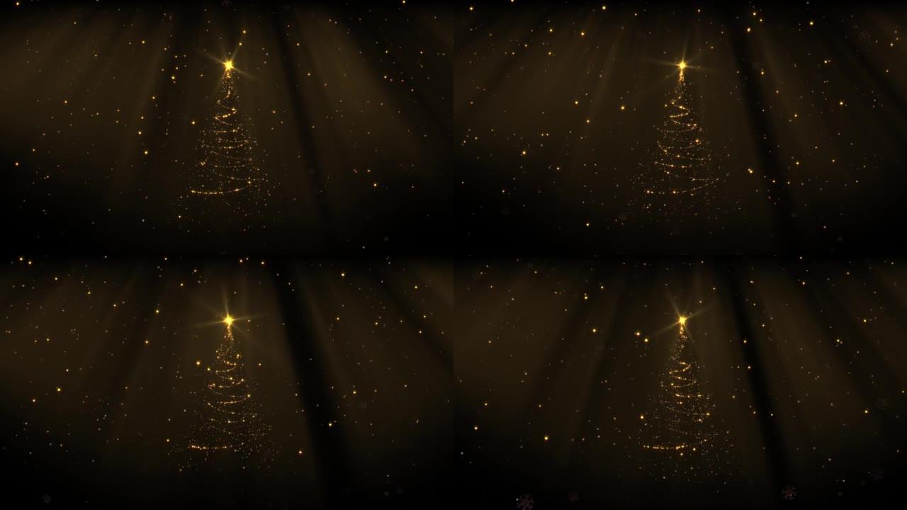 带有闪闪发光颗粒背景的抽象圣诞树，带有金色徽标或文本的复制空间