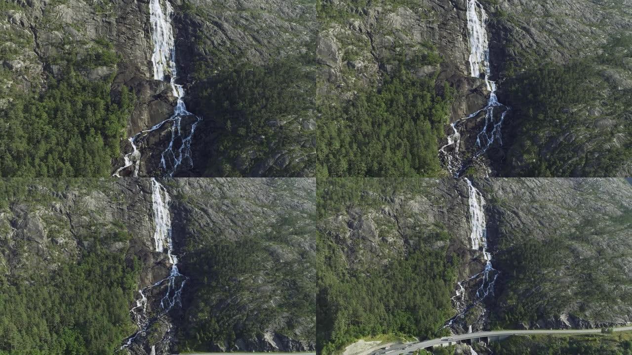 挪威峡湾附近瀑布附近道路的鸟瞰图
