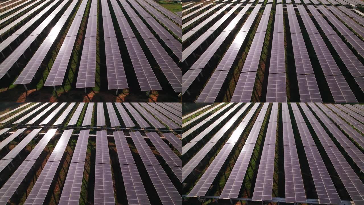 太阳能电池农场的鸟瞰图，用于吸收太阳光并将光直接转换为电能。太阳能电池板农场，电力，太阳产生的清洁能