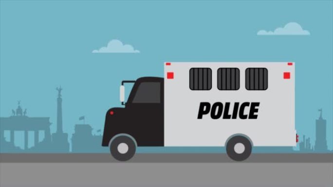 背景为建筑物的警察黑白汽车的2D动画