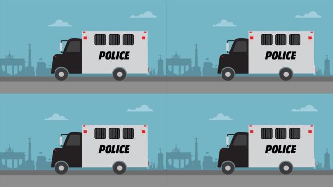 背景为建筑物的警察黑白汽车的2D动画