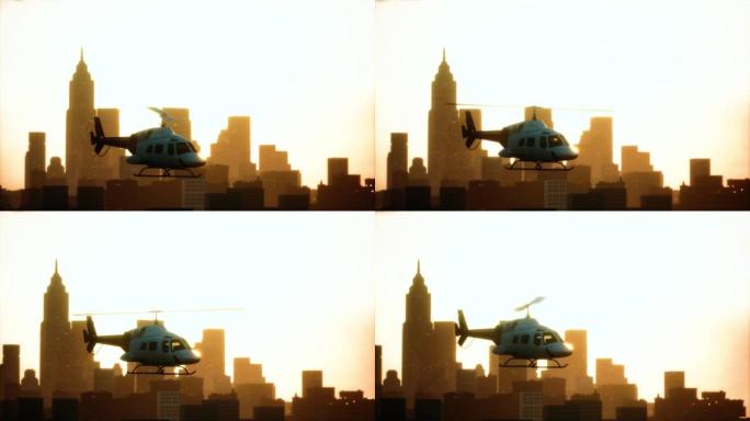 城市景观背景下的剪影直升机