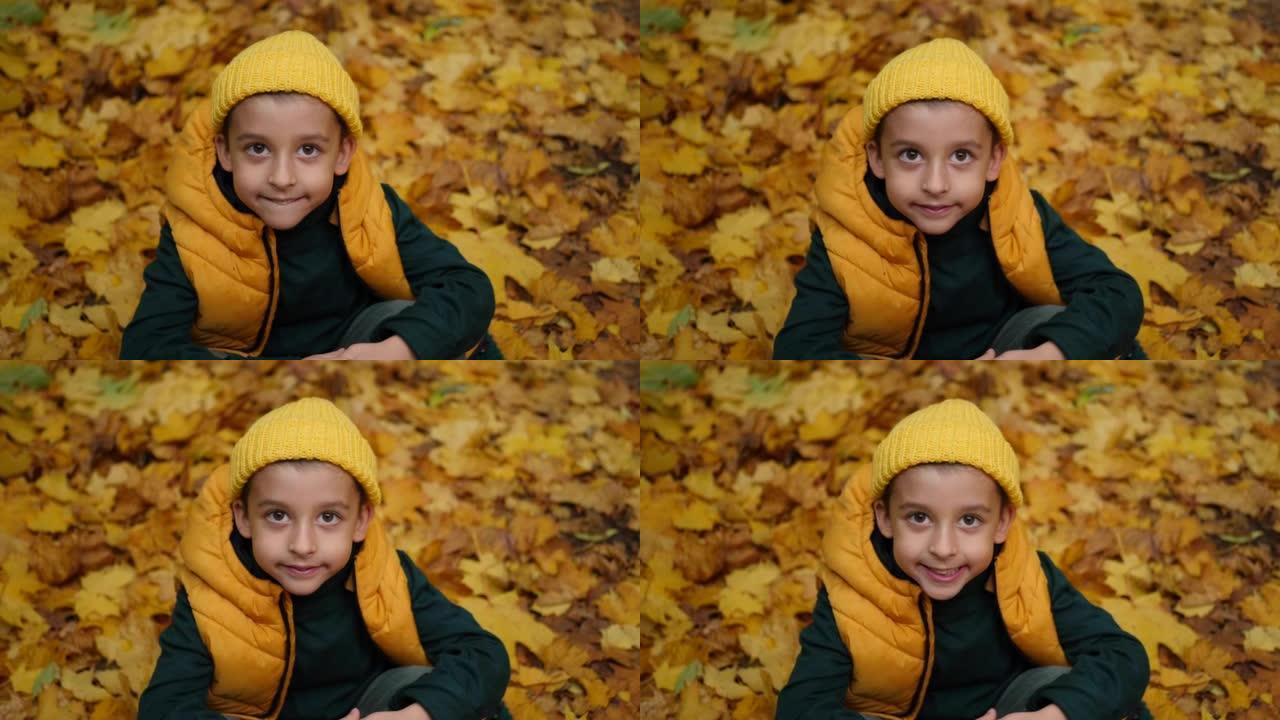 一个有趣的男孩的肖像，没有两颗牙齿，秋天坐在枫叶大自然中。他穿着黄色背心，针织帽和绿色毛衣。