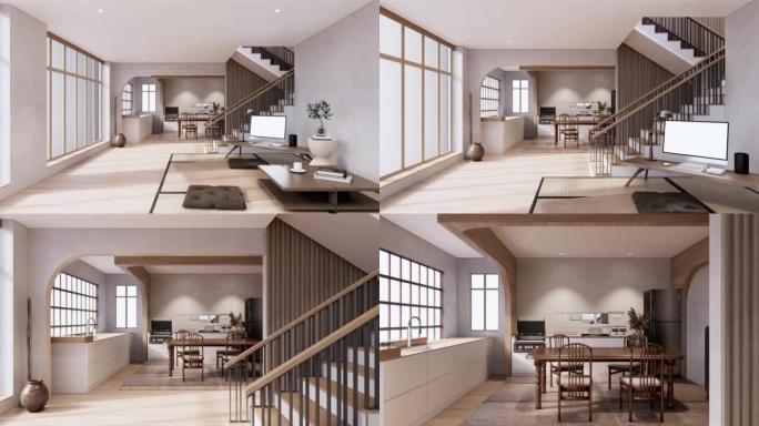模拟厨房房间日式风格，白色墙壁模拟。3d渲染