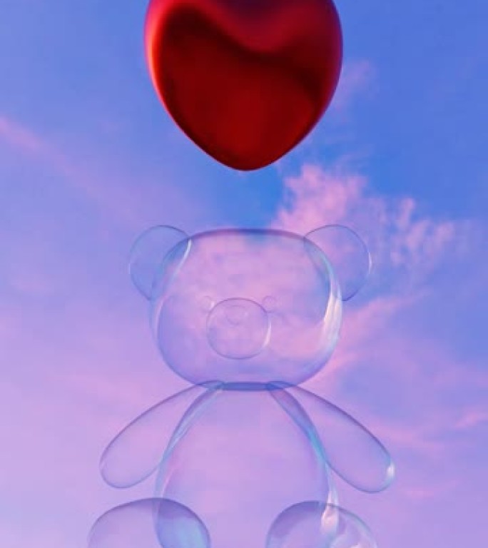 透明泰迪熊形象的数字3D渲染，天空背景上有一颗旋转的心