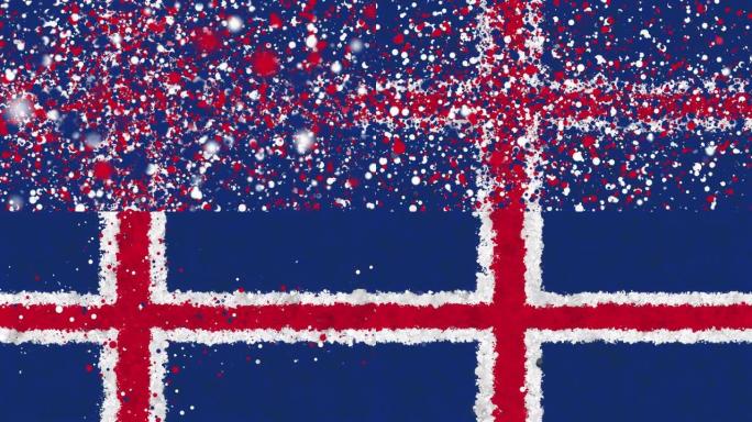 冰岛国旗的彩色动画，逐渐从由许多彩色小颗粒组成的移动漩涡云中出现。这些颗粒旋转形成了冰岛的国旗。