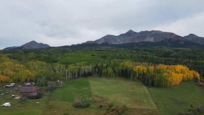 在特柳赖德附近的落基山脉的圣胡安山脉，科罗拉多州西南部历史悠久的山脉牧场的空中无人机视图，树上的秋天