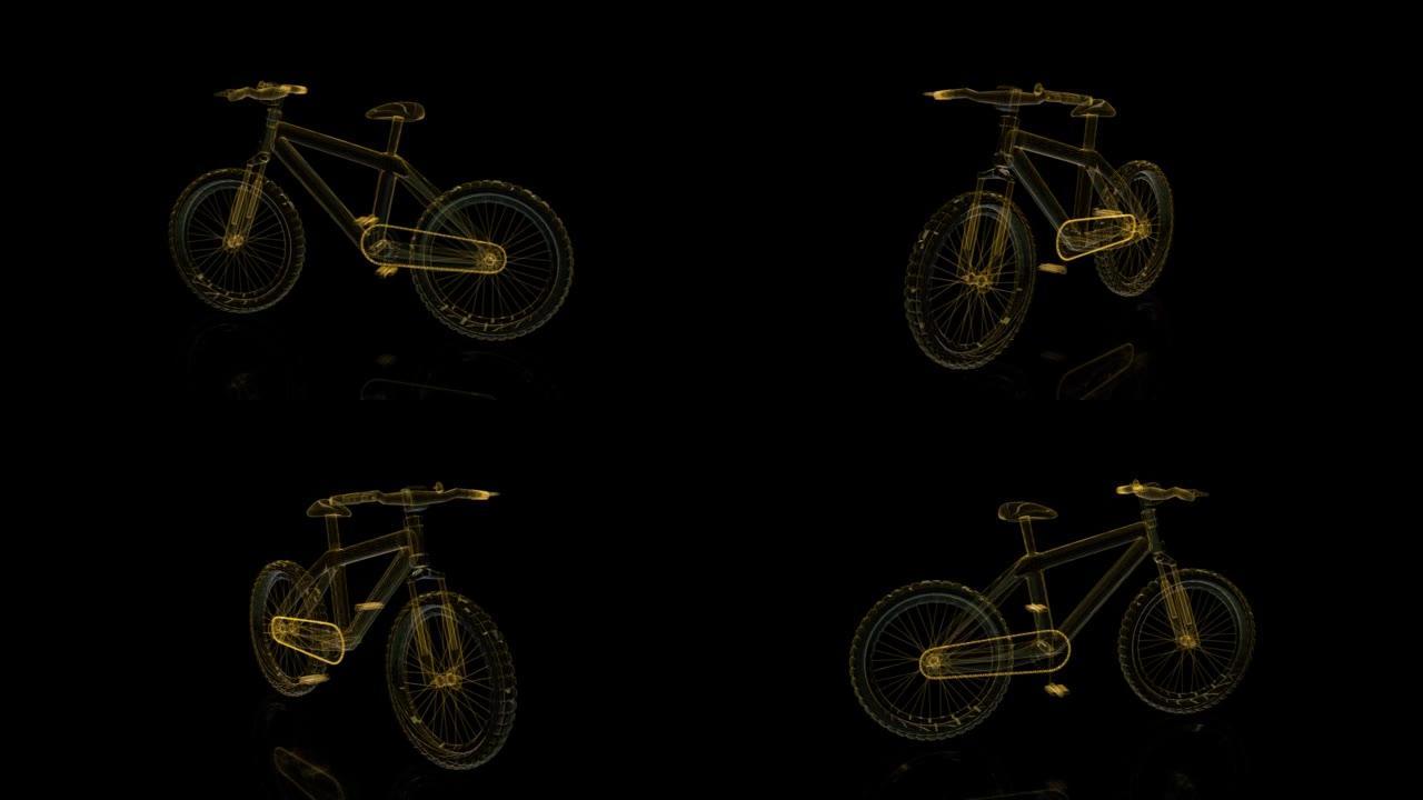 旋转黑色背景上的自行车线框x射线。旋转无缝回路。三维数字技术可视化