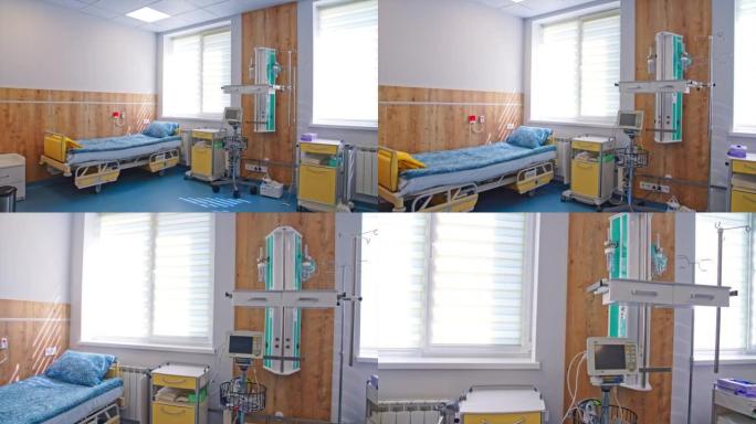 为复苏病房后的病人提供宽敞的现代化房间。医院房间有两个轮子和其他设备上的床。