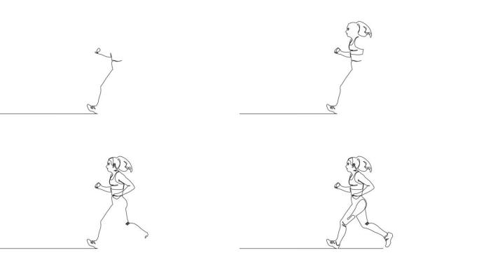 年轻跑步女子单人连续一张线条图
