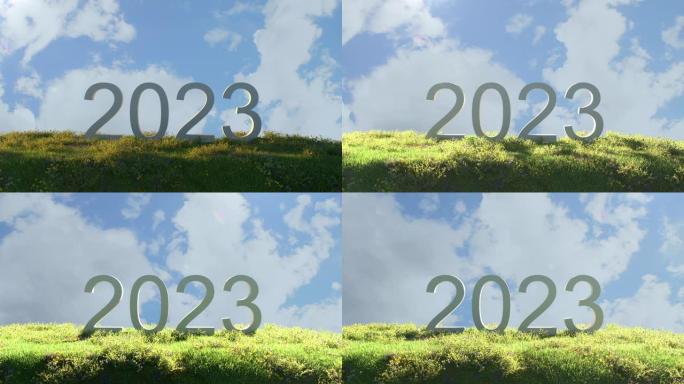 2023文本单词概念放在山景背景复制空间上。登录庆祝新2023年