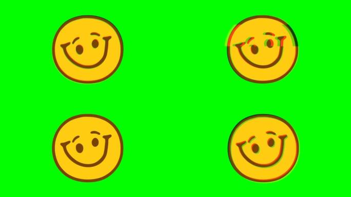 绿色背景上的笑脸表情故障效果。表情符号运动图形。
