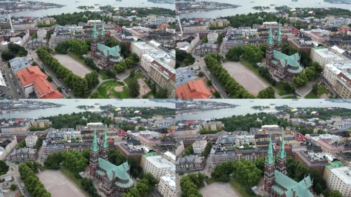 早上，赫尔辛基市的无人驾驶飞机拍摄，圣约翰教堂