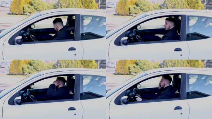 一个年轻的时髦男人正在进入汽车并系好安全带，并在电话中与某人交谈。