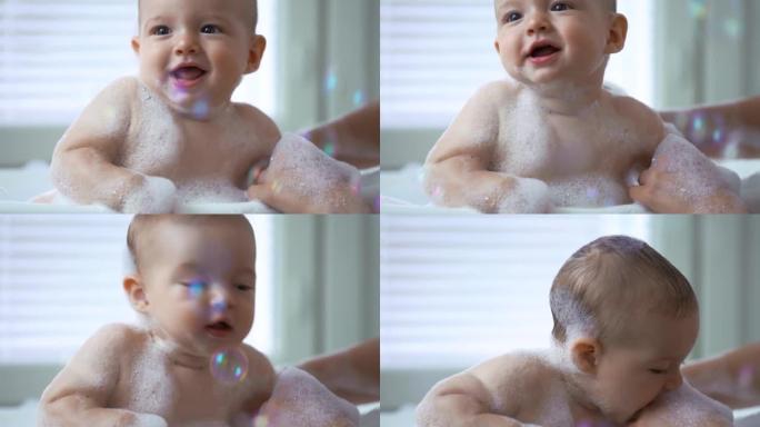可爱健康六个月大婴儿洗澡