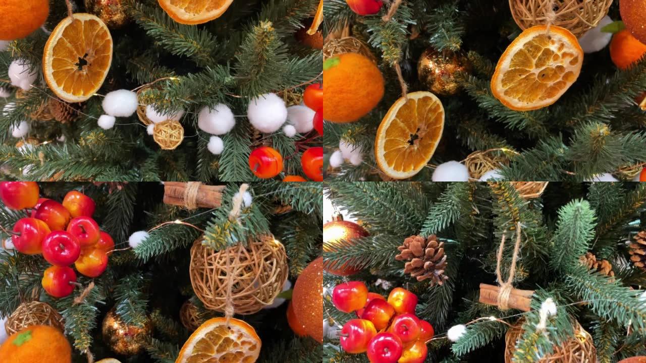 零浪费圣诞概念。用天然材料制成的装饰品装饰的圣诞树-干橙片和圆锥体