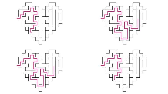 透明背景上的4k动画心形迷宫，解决方案的红色路径。