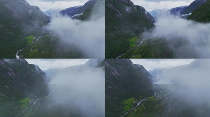 挪威河谷鸟瞰图绿植植被生长