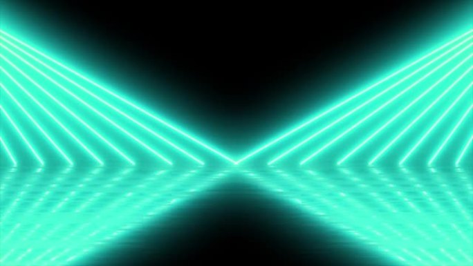 现代七彩灯光，霓虹灯发光4k动画场景。抽象混沌绿松石色霓虹灯线荧光紫外光。