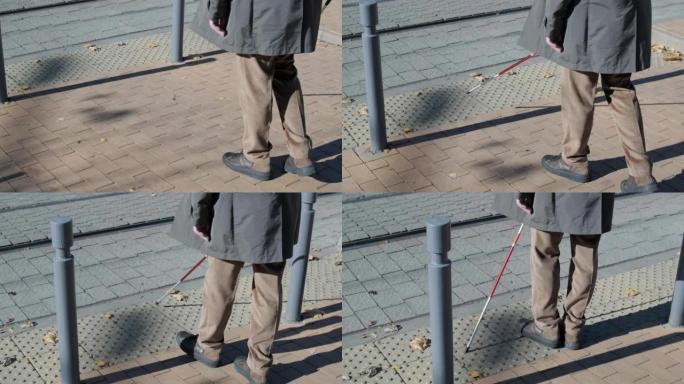 孤独的盲人探测触觉瓷砖，走到行人横穿安全道路