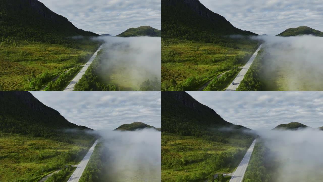 穿越挪威高地的道路上汽车的风景鸟瞰图