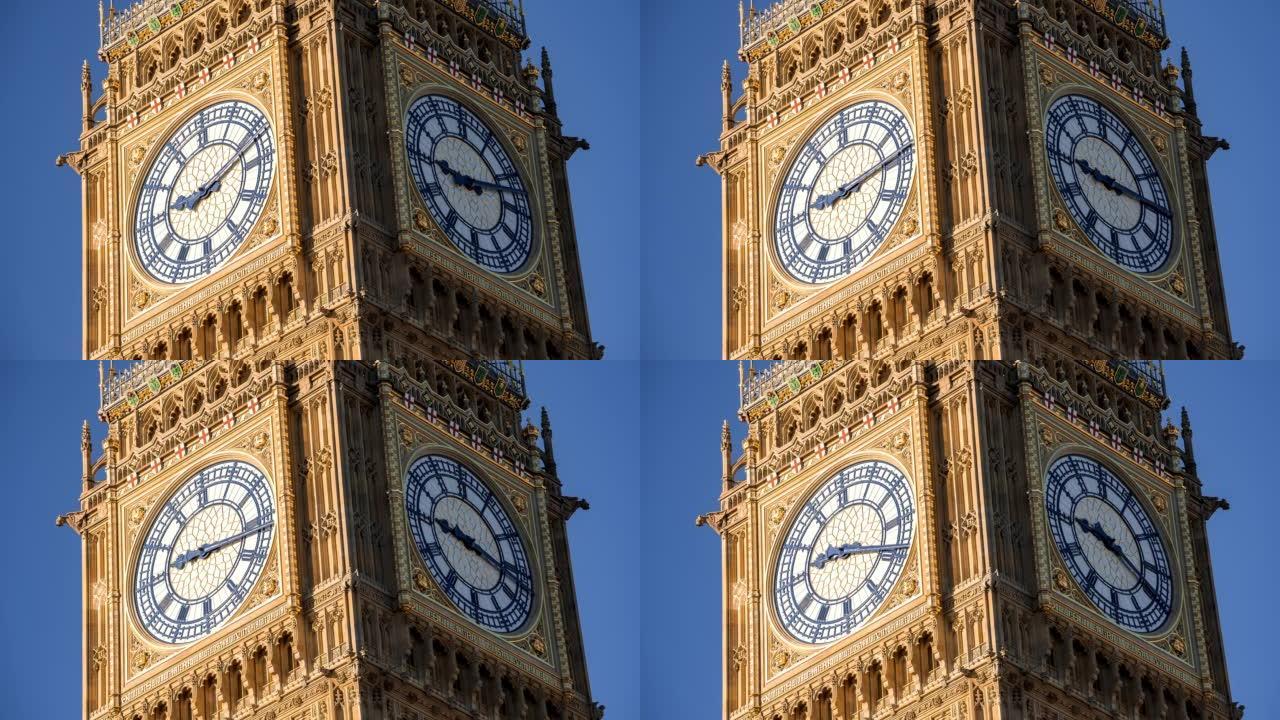 近距离观看大本钟的时间流逝视频。英国伦敦威斯敏斯特伊丽莎白塔的钟面。