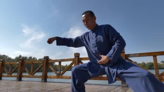 武术大师在湖边练习太极拳。