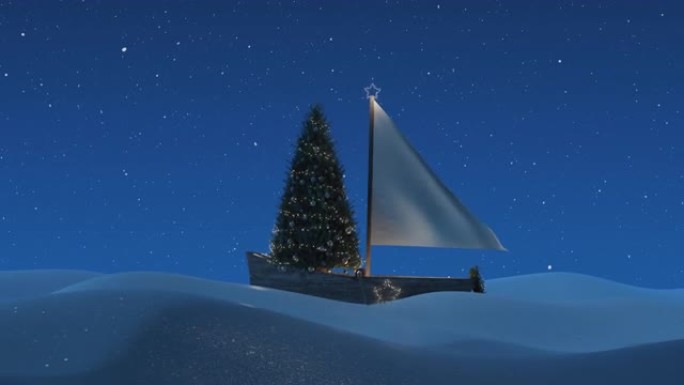 木制帆船在白雪皑皑的风景上挥舞着帆布