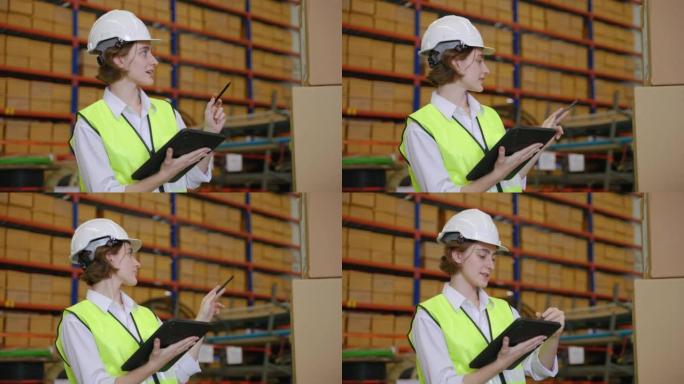仓库女工用平板电脑检查货架上的物品，在存储和配送中心检查货物。