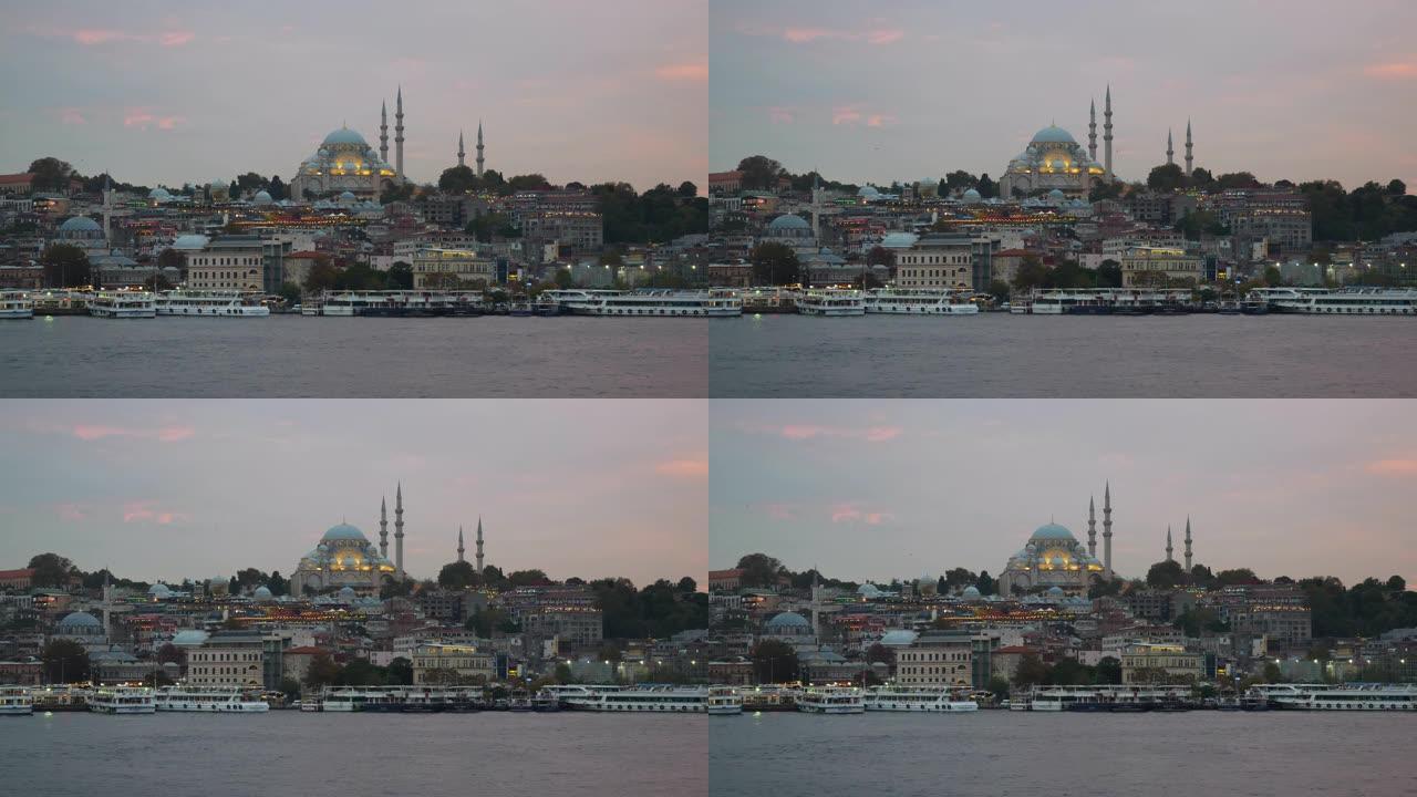 日落天空伊斯坦布尔城市湾慢动作全景4k土耳其