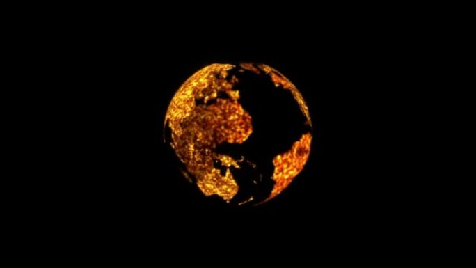 黑色背景4K 3D渲染黑色背景动画上发光数字黄金气泡地球旋转的循环抽象空间视图。