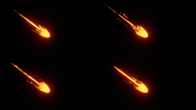 3d动画燃烧彗星或流星与火暴的尾巴在黑色背景上飞行。运动图形渲染