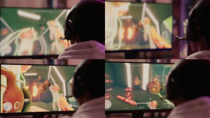 在与团队交谈的在线比赛中，玩家玩激烈的多人动作游戏的肩膀特写镜头