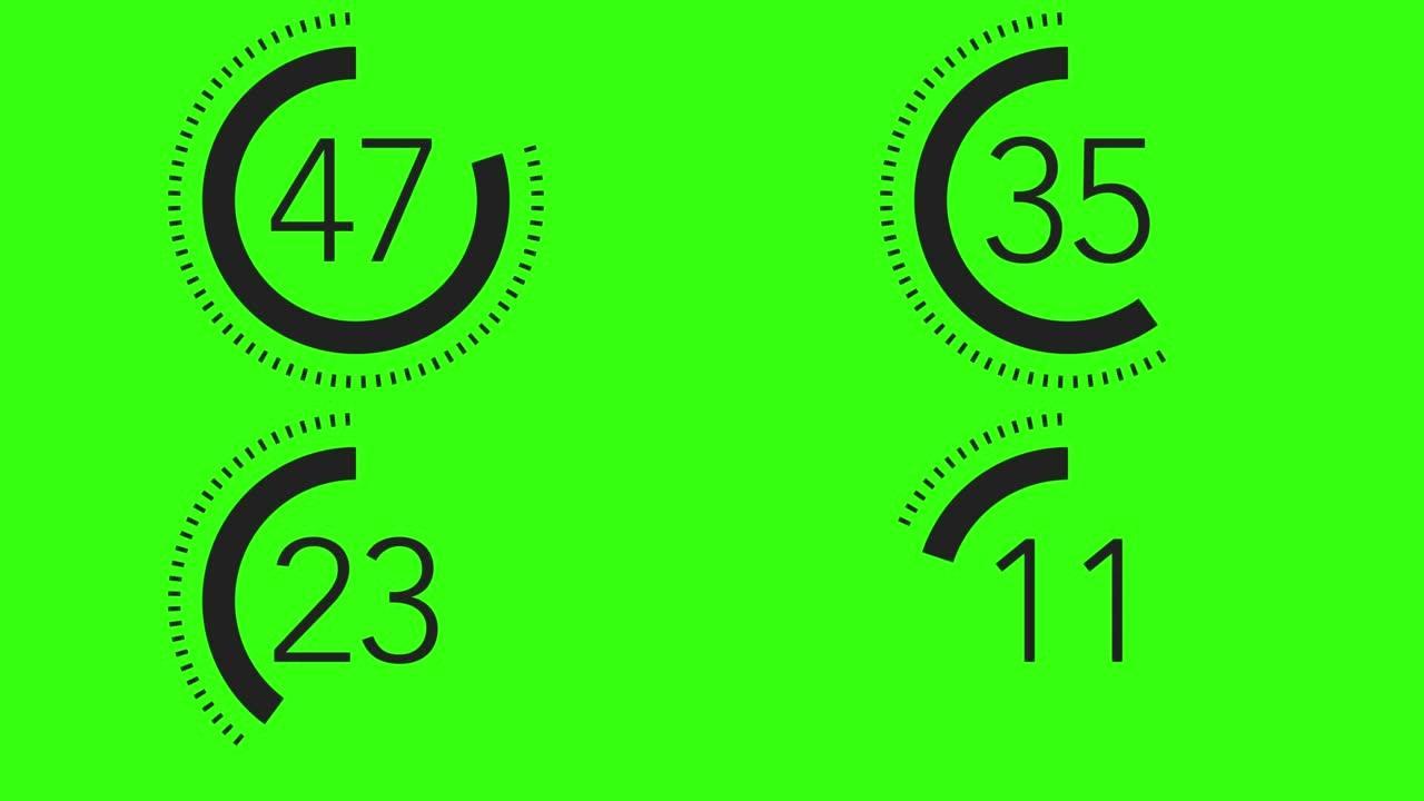 60秒 (单线) 虚线圆圈倒计时计时器。绿色屏幕上的黑色色度键。