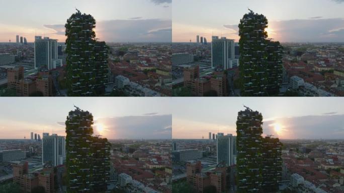 现代住宅建筑的滑动和平移镜头，立面上生长着绿色植物。夕阳下的景色。意大利米兰