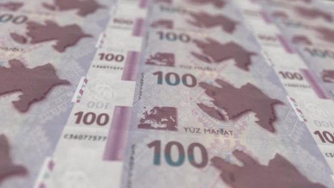 阿塞拜疆阿塞拜疆马纳特纸币印刷，阿塞拜疆美元，阿塞拜疆马纳特的特写和宏观视图，跟踪和多莉拍摄100阿