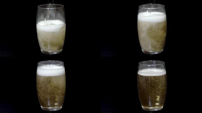慢动作的碳酸汽水饮料倒入黑色背景的玻璃杯中