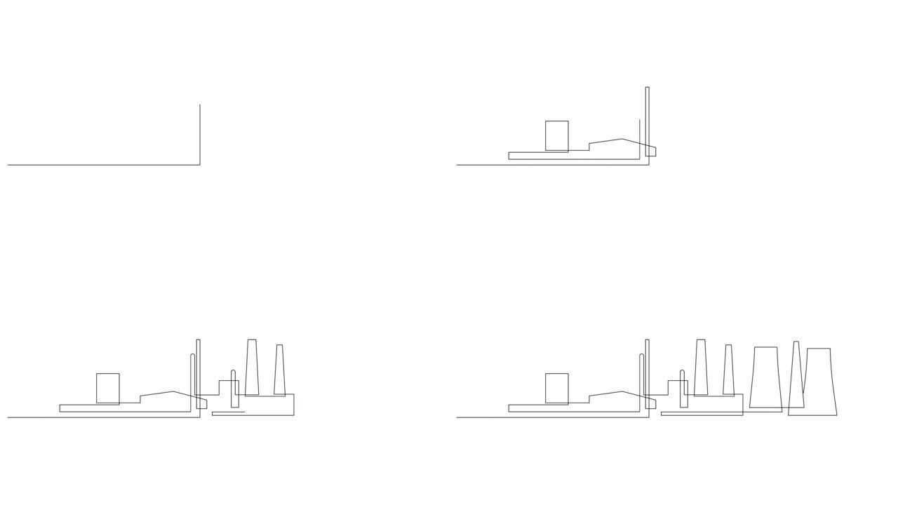 工业厂房连续线条图。电厂自绘动画。