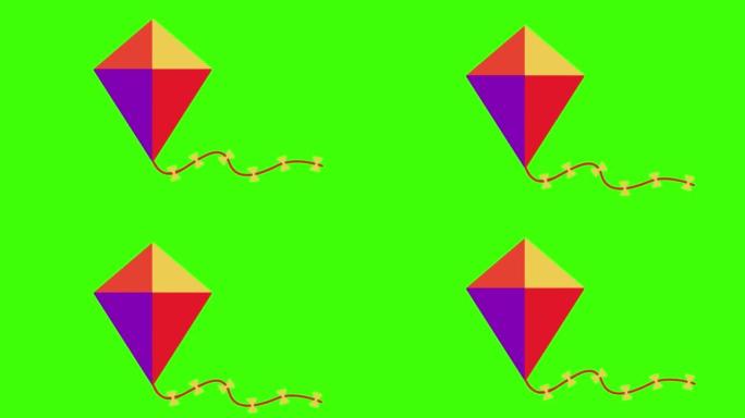 绿色屏幕上彩色风筝的2D动画插图