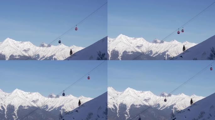 滑雪缆车的视图缆车将滑雪者抬到雪山上