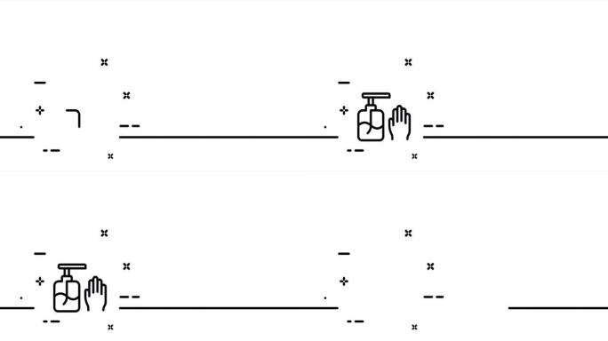 液体补充。液体，水管，病毒，洗手，管道，泡沫，分配器，肥皂，消毒剂。医疗保健概念。一个线条画动画。运